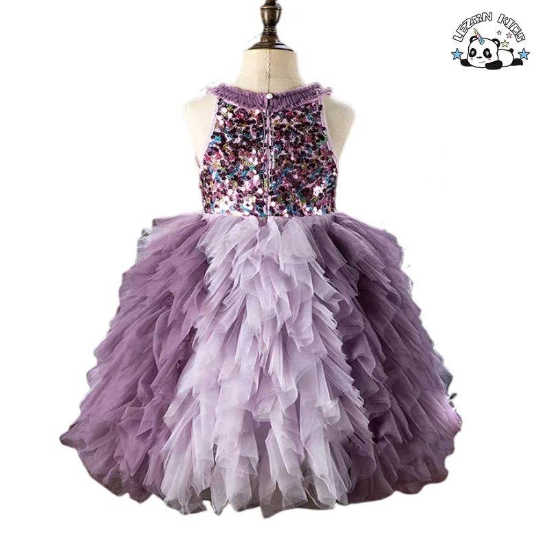 LEZONKIDS - Vestido de Princesa Sequado Personalizado para Crianças sem Mangas com Bloco de Cores em Tule